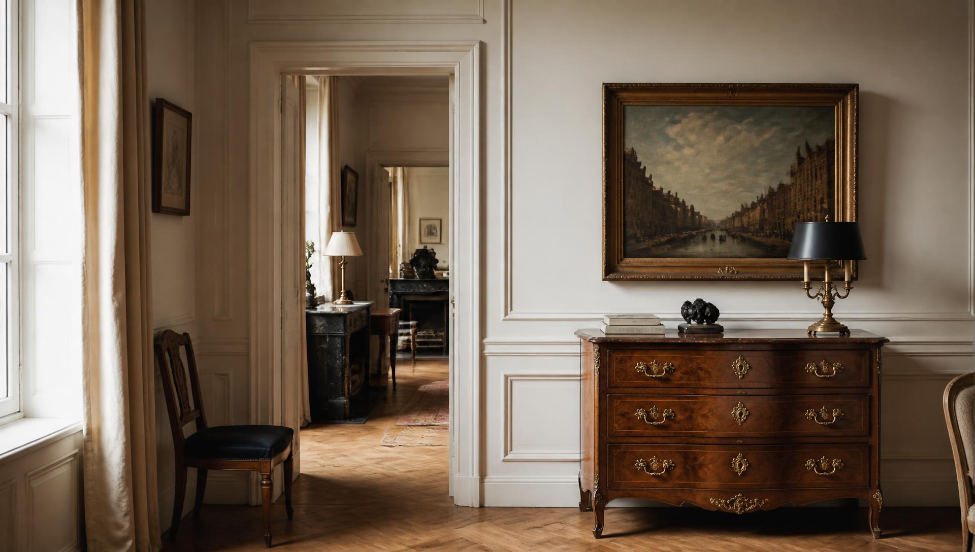 Intérieur européen élégant présentant plusieurs antiquités